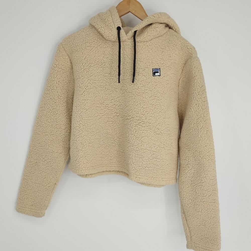 Fila Tan Sherpa Crop Drawstring Hoodie Long-sleeve Hood Warm Athletic Size L
